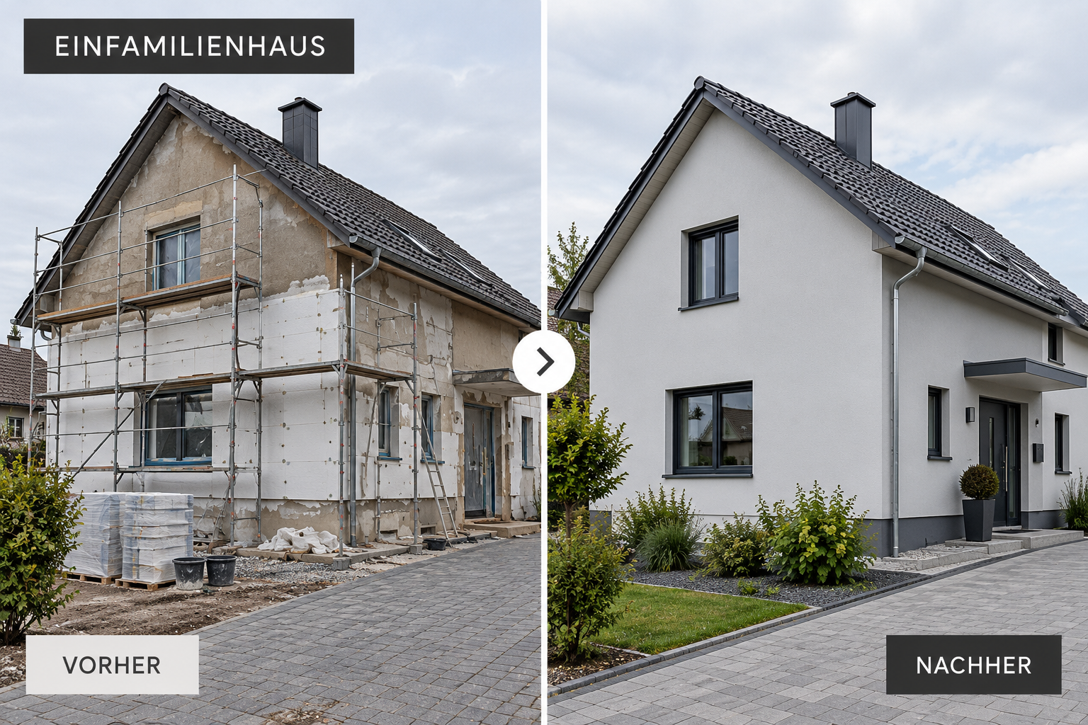 Einfamilienhaus im Vorher-Nachher-Vergleich: von der Baustelle zur fertigen Fassade