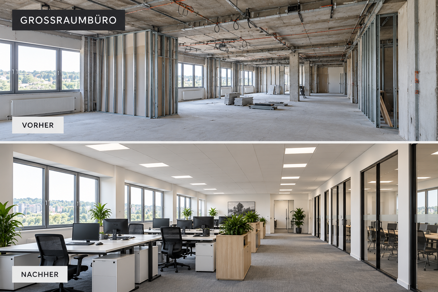Großraumbüro im Vorher-Nachher-Vergleich: vom Rohbau zu modernen Arbeitsräumen